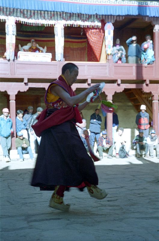 27 Tengboche Gompa 1997 Mani Rimdu Rehearsal Monk Twirls While Hitting Cymbals